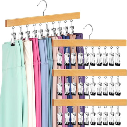 Legging Organizer for Closet, Pants Hangers with Clips Holds 20 Leggings, Jeans, Hats, Shorts, Socks, 360° Rotating Space Saving Hanging Clothes Organizer for Closet Organizers and Storage 4Pcs Wood