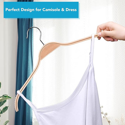 JS Hanger Lightweight Non Slip Wooden Hangers - 10 Pack Heavy Duty Wood Coat Hangers with Soft Stripes for Camisole, Jacket, Dress Clothes, Sweater, Natural Finish