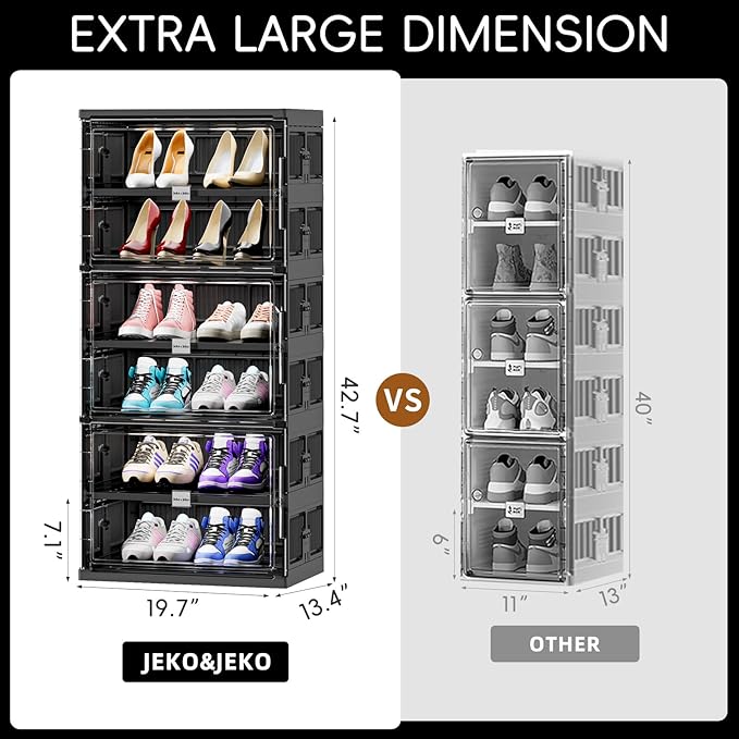 JEKO&JEKO 6 Tiers 12 Pairs Portable Shoe Organizer Storage Boxes with Magnetic Door, Folding X-Large Shoe Rack Free-Standing for Closet Entryway, Sneaker Storage Cabinet Fits US Size 12 (Black)