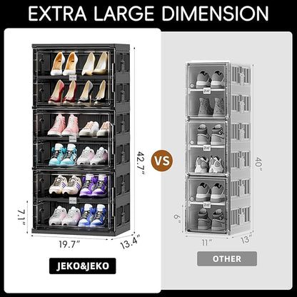 JEKO&JEKO 6 Tiers 12 Pairs Portable Shoe Organizer Storage Boxes with Magnetic Door, Folding X-Large Shoe Rack Free-Standing for Closet Entryway, Sneaker Storage Cabinet Fits US Size 12 (Black)