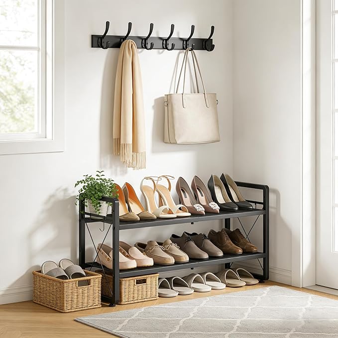 ELYKEN Shoe Rack, 2-Tier Expandable Shoe Organizer for Entryway, Metal Black Shoe Shelf with 4 Hooks, Ajustable Shoe Stand Holder for Closet, Garage, Door Entrance