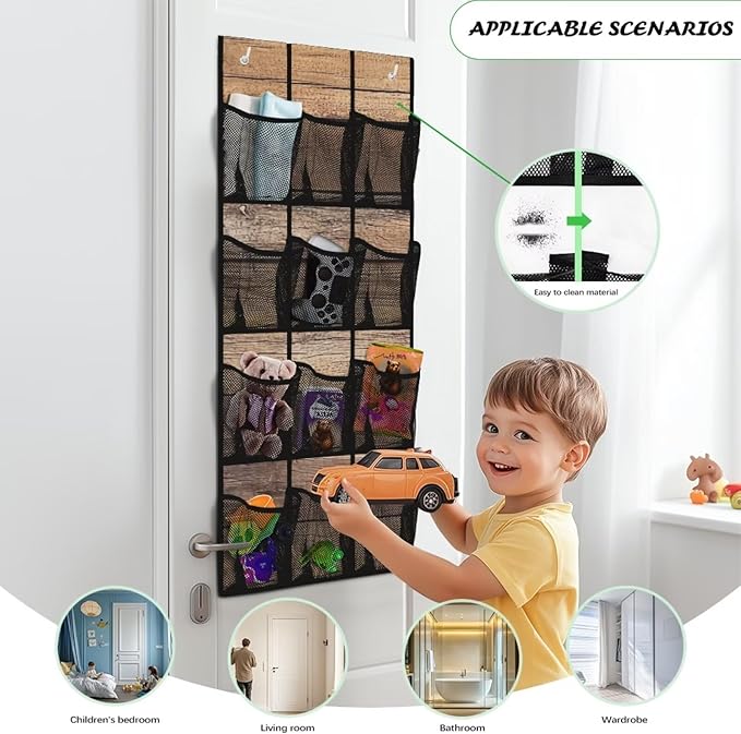 12 Pockets Door Hanger Organizer Woodgrain Over The Door Shoe Organizer Space Saving Multi-Funtion Storage Bag Mesh Fabric Wall Hanging Storage for Bathroom