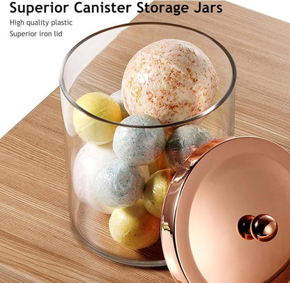 2 Pack SheeChung 50oz Large Apothecary Jar with Rose Gold Rust-Proof Lid - Shatterproof Plastic Laundry Pods Container - Chic Rose Gold Bathroom & Vanity Storage Organizer for Scent Beads, Salts