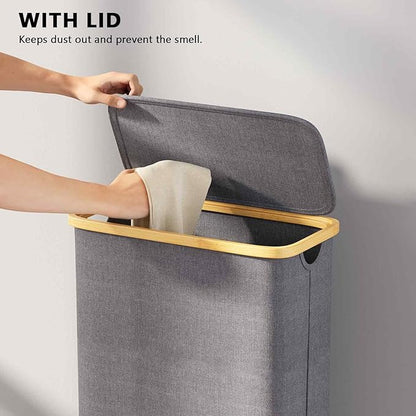 SpaceAid Slim Laundry Hamper with Lid, 65L Narrow Clothes Basket Bin with Bamboo Handles, Skinny Tall Collapsible Hamper for Bedroom, Bathroom, Dorm, Laundry Room - Grey
