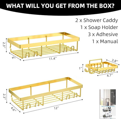 Moforoco 3-Pack Shower Caddy Basket Shelf with Soap Holder, No Drilling Traceless Adhesive Shower Wall Shelves, Rustproof Gold Bathroom Shower Storage Organizer