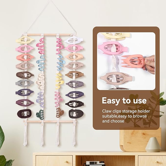 SNOWSTAR Macrame Flat Hair Claw Clip Organizer,Hanging Hair Clip Holder and Storage for Women Girls,Flat Hair Accessorie Hanger Home Decor for Wall,Door,Closet