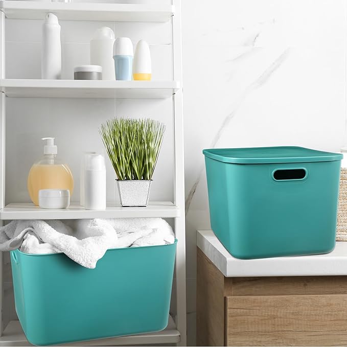 Hoolerry 8 Pieces Colorful Storage Bins with Lid, Plastic Storage Basket Organizing Container Stackable Box with Handle for Shelves Desktop Playroom Office(16.1 x 12.0 x 9.7 Inch,Green)