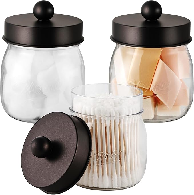 SheeChung 3 Pack Qtip Holder Bathroom Jar Set, Apothecary Mason Jar for Bathroom Vanity Home Storage Organizer, Plastic Acrylic Qtip Dispenser, Cotton Swabs, Floss Picks, Farmhouse/Home Decor (Bronze)