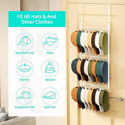 HapiRm Over Door Hat Rack - 3 Tier Wall Mounted Hat Organizer with 24 Hooks, Baseball Cap Organizer Storage Holds up to 24 Caps for Door, Bedroom, Closet