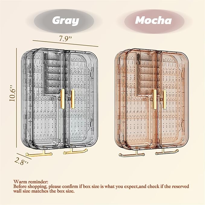Wall Mounted Jewelry Organizer, No Punching Installation, Hanging Jewelry Organizer Box and Storage Case, Necklace Earring Holder Organizer Wall for Women Teen Girls (Gray Gold)
