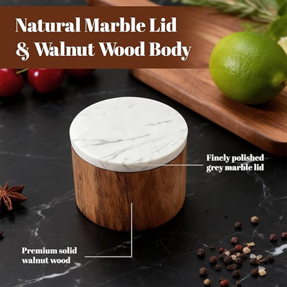 Salt Cellar with Lid, Built-in Spoon Box Bowl, Airtight Spice Container for Kitchen, Grey Natural Marble Top & Solid Walnut Wood Base, Modern Rustic Style (3.5”D x 2.7”H)