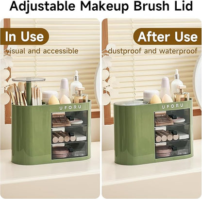 UFORU Makeup Organizer with Pop-Up Brush Holder for Dresser Vanity, Plastic Bathroom Counter Organizer with 3 Drawers & Dust-Proof Cover, Cosmetic Display Case for Lipstick, Skincare, Vintage Green