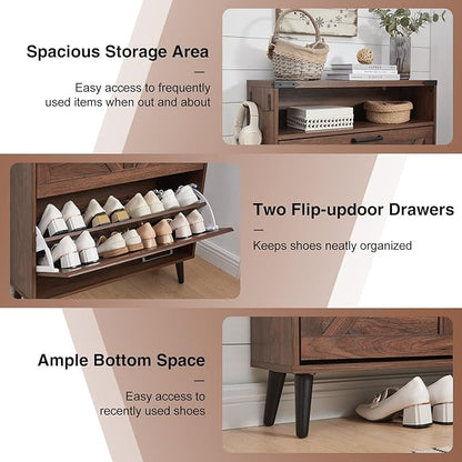 Barnyatoh Shoe Storage Cabinet,Farmhouse Shoe Organizer with 2 Flip Drawers & Barn Door Design,Freestanding Hidden Slim Narrow Shoe Rack Cabinet with Open Storage for Entryway, Foyer,Hallway, Walnut