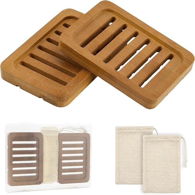 2PCS Self Draining Soap Holders, Rustic Slotted Bamboo Dish Tray, Easy Cleaning Wooden Soap Dish for Shower, Bathroom, Kitchen Sponges, Bath Tub, Packed in A Case (Acacia Style)
