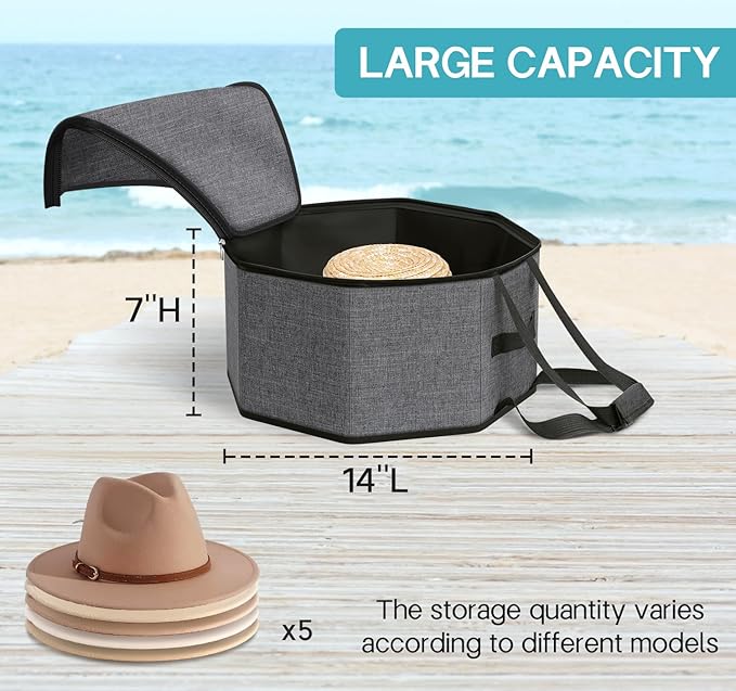 SLEEPING LAMB Hat Box for Travel and Storage, Collapsible Cap Case for Mens Fedora Organizer, Hat Storage Box for Men and Women for Closet, Cap Carrier with Handles, Grey