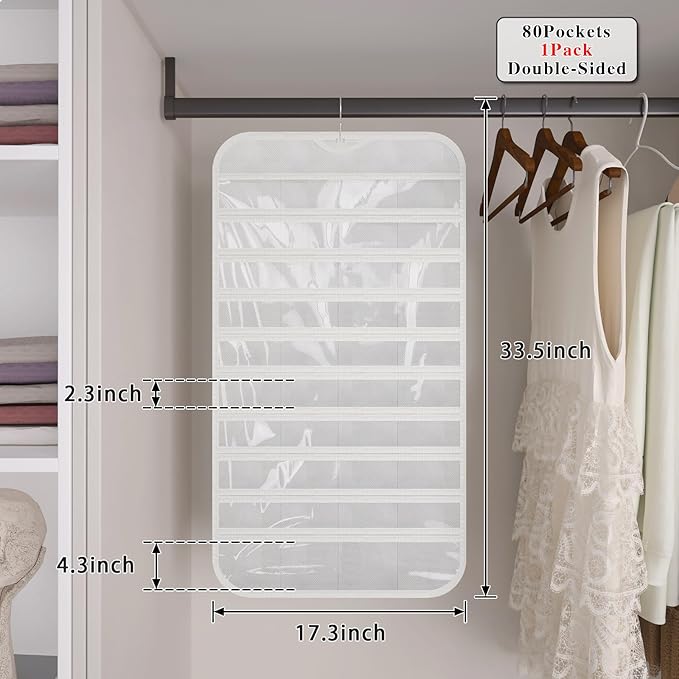 2-Pack Hanging Jewelry Organizer 80-Pocket Dual-sided Jewelry Storage for Jewelry Earring Necklace Bracelet Ring Storage Travel Holder, White
