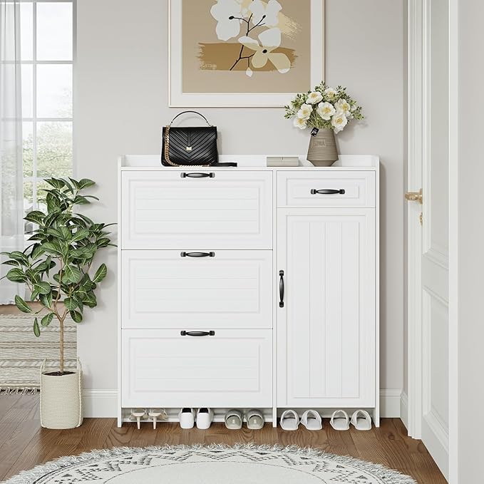 VERYKE Shoe Storage Cabinet for Entryway with 3 Flip Drawers and Side Cabinet,Large Shoe Rack Organizer Cabinet for Closet,Hallway