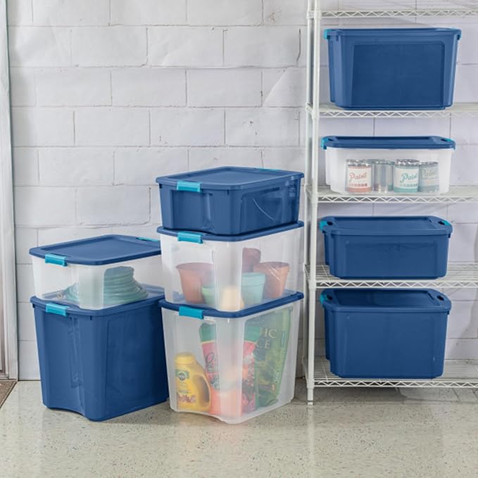 Sterilite 18 Gal Latch and Carry, Stackable Storage Bin with Latching Lid, Plastic Container to Organize Closets, Clear with Blue, 18-Pack