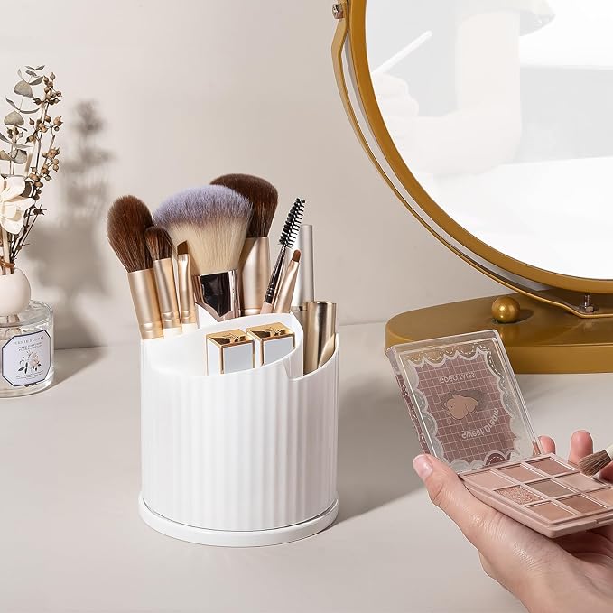 Anyoifax 360 Rotating Makeup Brush Holder Organizer 5 Slots Make Up Brushes Cup Flower-Shaped Spinning Pen Holder for Vanity, Cosmetics, Lipsticks, White