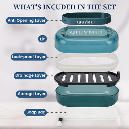 Leakproof Travel Soap Case with Lid | Draining Soap Bar Holder & Dish with Silicone Strap | Includes Mesh Soap Bag | for Shower, Bathroom, Camping, Gym (Blue)