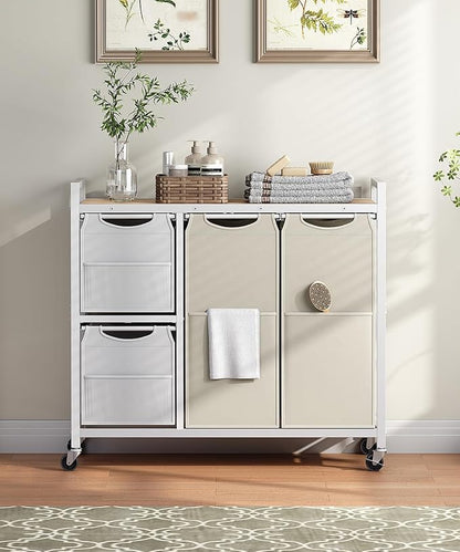 HOOBRO Laundry Sorter with 4 Section, 34 Gal. (127 L) Laundry Hamper with Wheels, Rolling Laundry Basket with Shelves, Pull-Out Detachable Bags, Side Pockets, White, Natural and Beige WNE14XY01N1