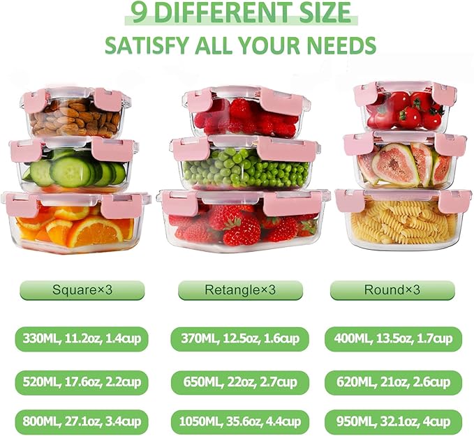 HOMBERKING Glass Food Storage Containers with Lids, [18 Piece] Glass Meal Prep Containers, Airtight Lunch Bento Boxes, BPA-Free & Leak Proof (9 lids & 9 Containers) - Pink