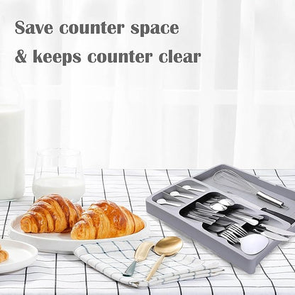 Silverware Drawer Organizer with Expandable Tray for Kitchen Drawer, Adjustable Compact Plastic Kitchen Utensil Storage for Spoons Forks Knives Easy to Access & Save Space