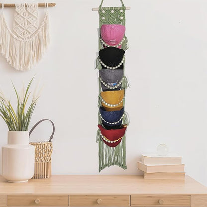 Halidali Hat Organizer for Baseball Caps, Hat Racks Cotton Rope Weaving Cap Stand, Handmade Macrame Hanging Hat Display Holder for Door Storage, Closet, Bedroom (Green, Set of 1)