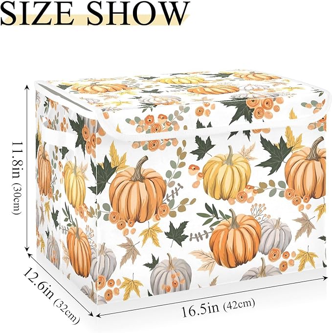 senya Thanksgiving Storage Baskets Collapsible Storage Bins with Lids, Pumpkins Flowers Leaves Thanksgiving Storage Boxes Clothes Baskets for Organizing