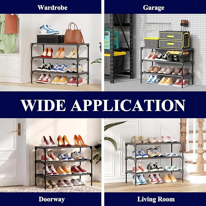 3-Tier Stackable Shoe Rack Organizer - Heavy Duty Metal & Fabric Shoe Shelf for Closet, Entryway, and Mudroom - Space Saving Shoe Storage Bench for Sneakers & Boots