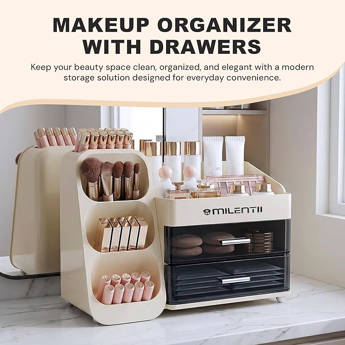 Makeup Organizer with Drawers, Large Capacity Cosmetic & Skincare Storage Box, Countertop Vanity Organizer for Bathroom, Bedroom & Dresser, ABS Plastic Makeup Storage Organizer, Ivory