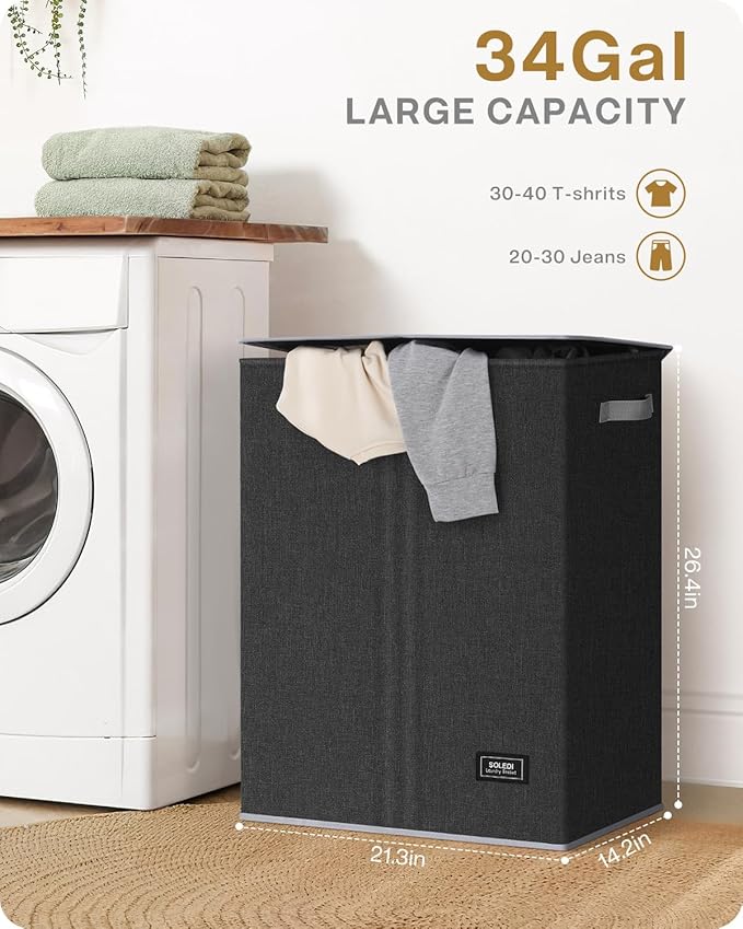 SOLEDI Double Laundry Hamper with Lid, 130L Clothes Hamper 2 Section, Laundry Basket with Removable bag, Bed room decor aesthetic, laundry room organization, Home and dorm room essentials
