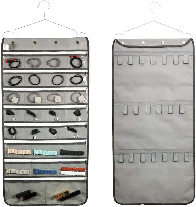 Zippered Jewelry Organizer Dual Sided Hanging with Hanger for Travel Home Closet Storage (28 Zippered Clear Pockets and 20 Tape Loops Grey)