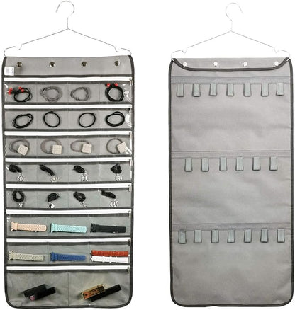 Zippered Jewelry Organizer Dual Sided Hanging with Hanger for Travel Home Closet Storage (28 Zippered Clear Pockets and 20 Tape Loops Grey)
