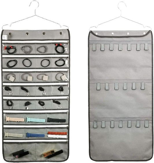 Zippered Jewelry Organizer Dual Sided Hanging with Hanger for Travel Home Closet Storage (28 Zippered Clear Pockets and 20 Tape Loops Grey)