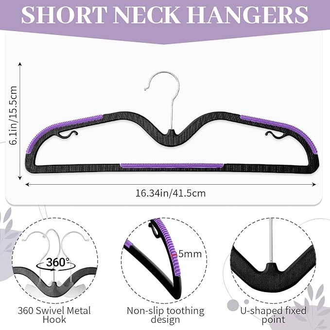 LemonRoad 50 Pack Short Neck Hangers, Upgraded Non-Slip Plastic Hangers Lifts Clothes 3" Higher, Space Saving 360 Swivel Hook for Closet Organizer, Shirts Jackets Dresses, Smooth (Black Purple)