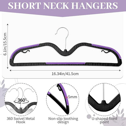 LemonRoad 50 Pack Short Neck Hangers, Upgraded Non-Slip Plastic Hangers Lifts Clothes 3" Higher, Space Saving 360 Swivel Hook for Closet Organizer, Shirts Jackets Dresses, Smooth (Black Purple)