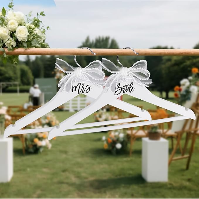 Bride Hanger for Wedding Dress Wooden Pearl Hangers with Pearl Ribbon Bow Elegant Bridal Mrs Wedding Dress Hanger, 2PCS Personalized Wedding Hangers (White)
