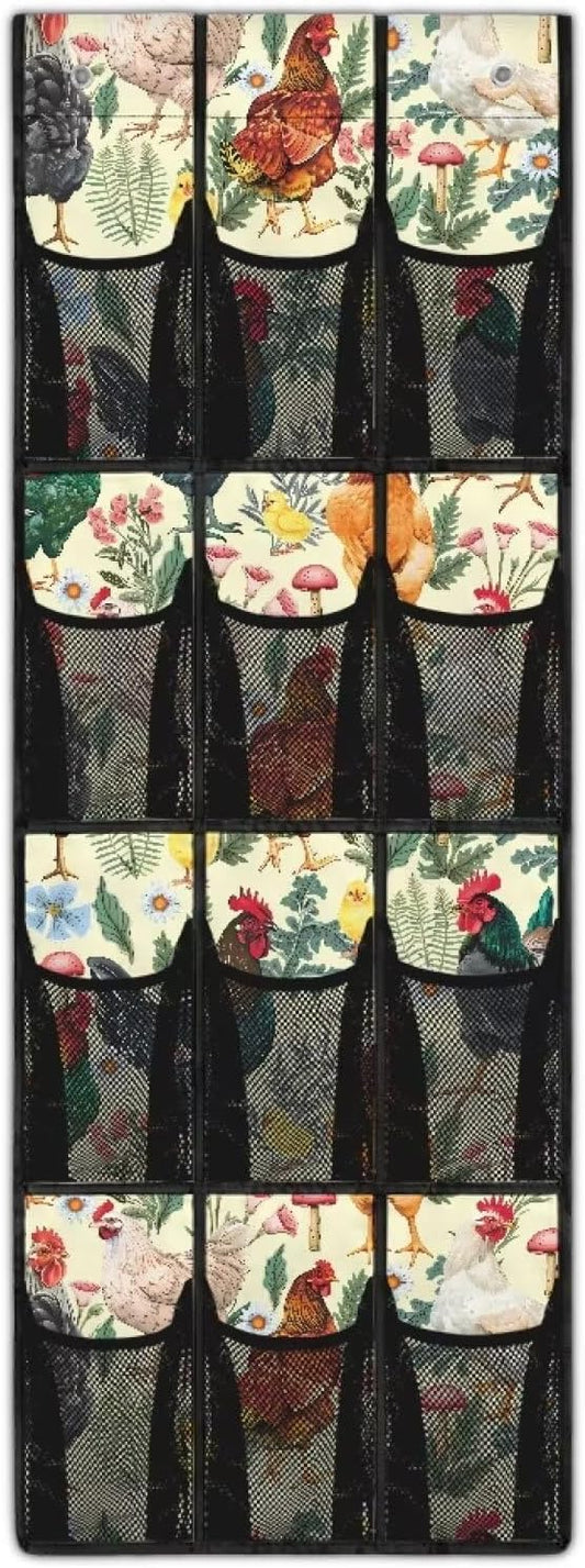 Rooster Hen Shoe Organizer Over The Door,12 Large Mesh Pockets Hanging Storage Shoe Rack,Hanging Shoe Rack for Door Sneaker Hanger Boot Storage,Breathable Organizer Storage Bag