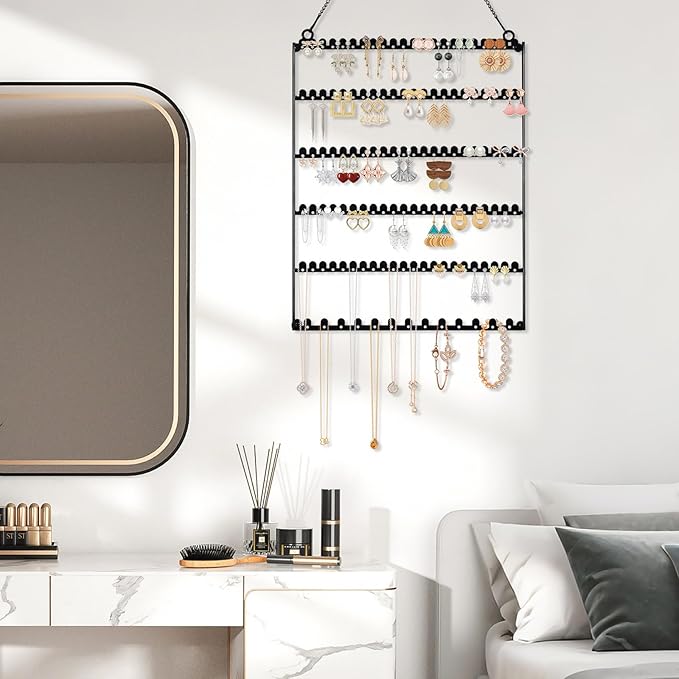 6 Tier Earring Holder Wall Mounted Hanging Earring Organizer, Earring Display Storage with 123 Holes and 129 Grooves Jewelry Organizer Tree for Stud/Hoop/Dangle Earrings Necklace（Black）