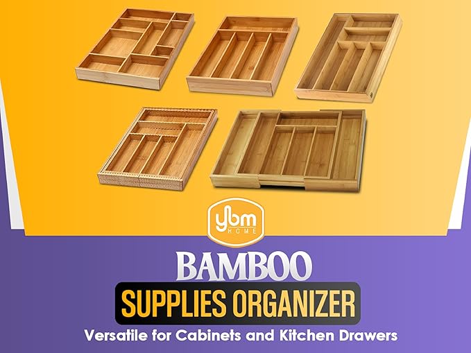 YBM HOME Pack of 6 Bamboo Cutlery Tray Flatware Silverware Drawer Organizer with 5 Compartments, 338