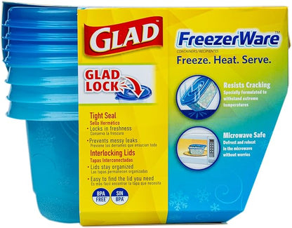 Glad GladWare FreezerWare Food Storage Containers with Lids, Small Rectangle BPA Free Plastic for Freezing Soups and Meal Prep, Crack Resistant, Microwave Dishwasher Safe, 24 Oz, 4 Count
