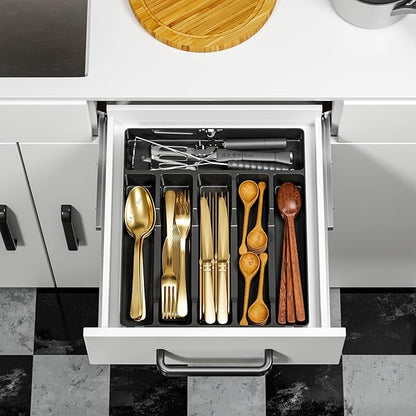 Silverware Organizer for Kitchen Drawers,BPA Free Cutlery Drawer Organizer,6 Slots Plastic Utensils Organizer Suitable as In-Drawer Silverware Holder and Tray,Flatware,Knife,Fork,Spoon Organizer,Black