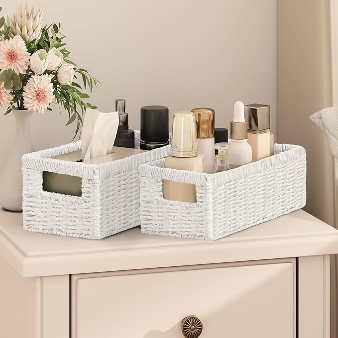 Vagusicc Wicker Storage Basket, Set of 2 Hand-Woven Paper Rope Wicker Baskets for Organizing Decor Storage Bins for Counter Shelves Pantry Basket Small Toilet Paper Basket for Toilet Tank Top, White