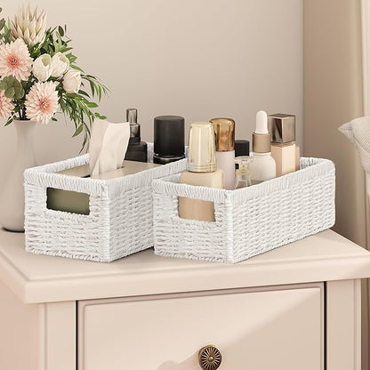 Vagusicc Wicker Storage Basket, Set of 2 Hand-Woven Paper Rope Wicker Baskets for Organizing Decor Storage Bins for Counter Shelves Pantry Basket Small Toilet Paper Basket for Toilet Tank Top, White