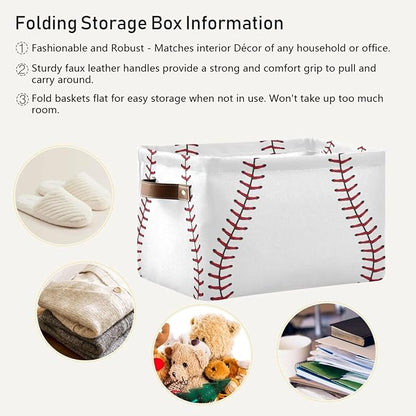 Baseball Red Stitches Basket Decor Storage Bin Basket For Shelf Closet Foldable Fabric Storage Box Cube With Handles Large Kids Toys Clothes Organizer Basket For Nursery Bedroom
