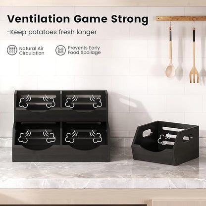 Potato Storage Bins Onion, 3 Tier Bamboo Pantry Storage Bin Stackable Ventilated Organizer for Kitchen, Pantry, Countertop, Bathroom, Black