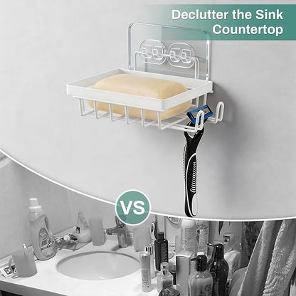 White Soap Dish for Shower Wall, Adhesive Self Draining Shower Bar Soap Holder Container Caddy Saver with 2 Hooks for Razor Loofah, Shampoo Sponge Tray Case Box for Bathroom Kitchen Sink