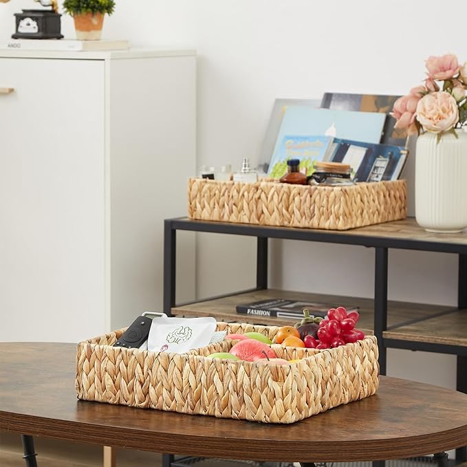 Vagusicc Wicker Divided Storage Basket, Hand-Woven Water Hyacinth Wicker Baskets, Basket for Drawer Organizing, 3 Section Rectangular Woven Storage Baskets, 2-Pack