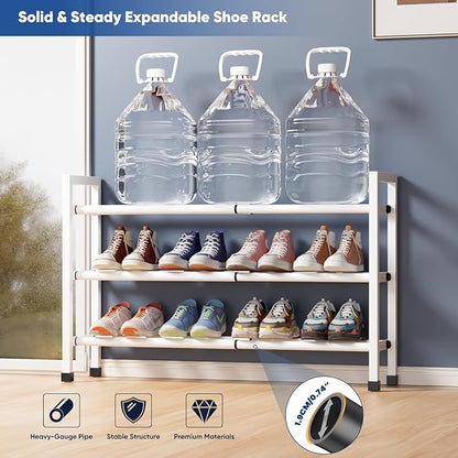 Abiglifty 3-Tier Expandable Shoe Rack,17"-33" Adjustable Shoe Rack for Closet,Metal Shoes Shelves for Front Door Entrance, Garage & Corridor, Free Standing Shoe Holders, Easy to Assemble,White